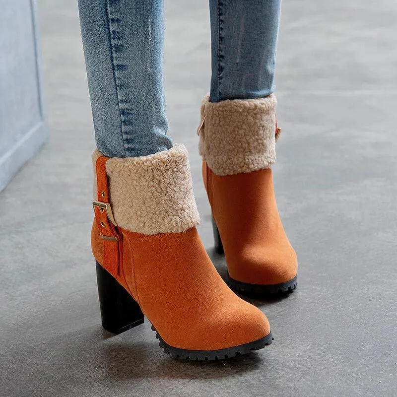 Chunky High Heel Buckle Suede Ankle Boots