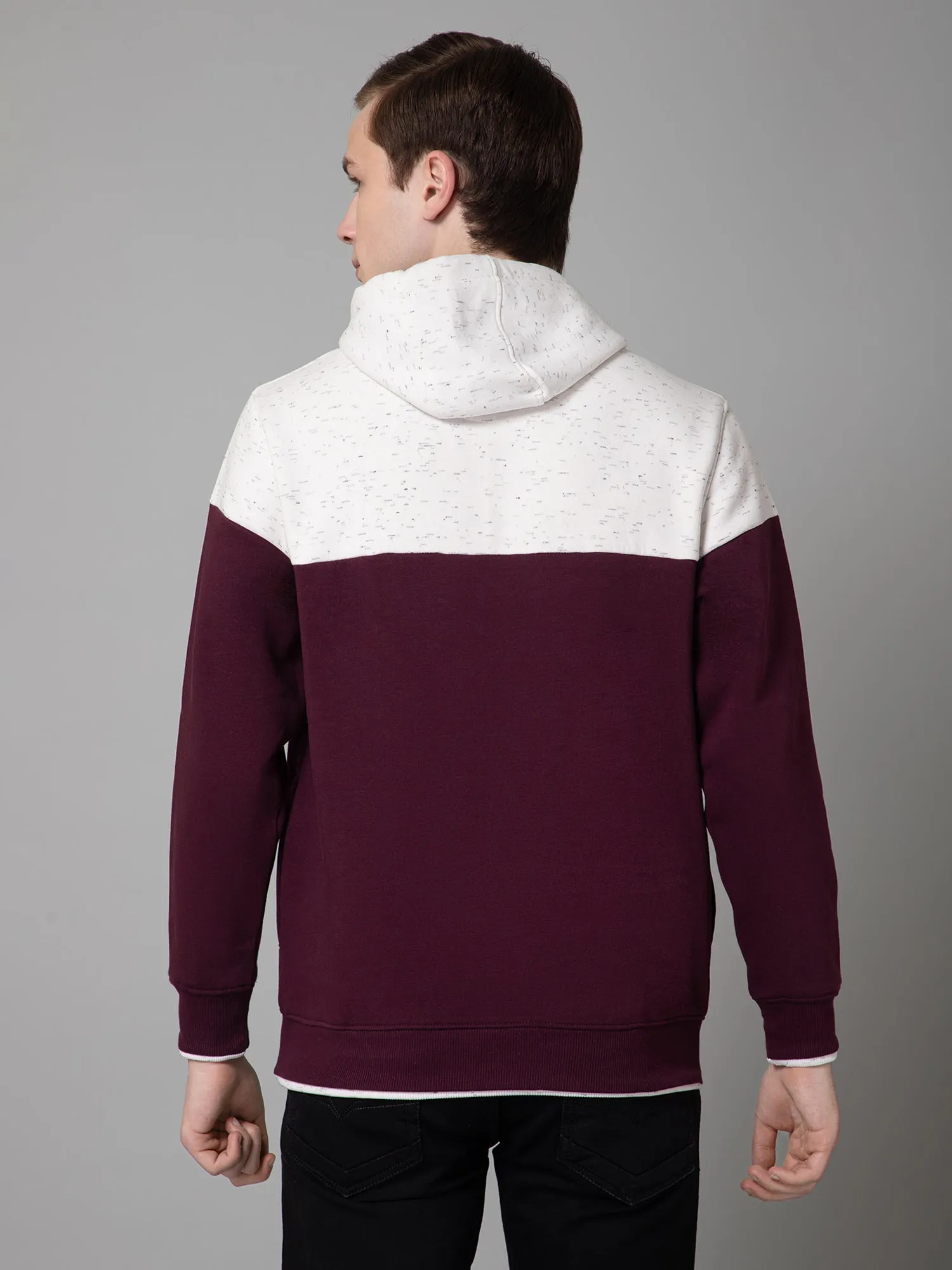 Color Block  Wine Full Sleeves Hooded Neck Regular Fit Casual Sweatshirt for Men