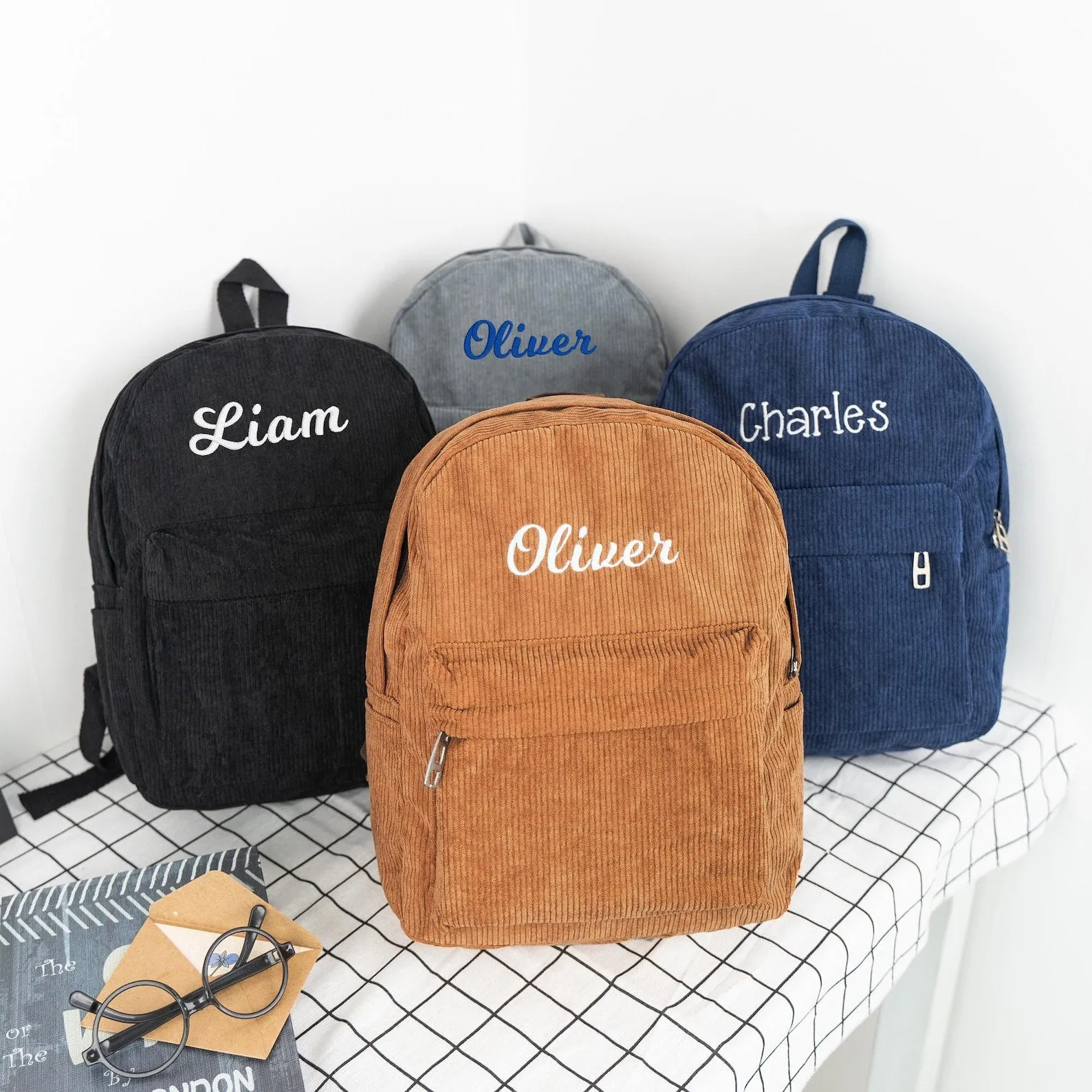 Corduroy Backpack for kids, Personalized School Bag, Custom Embroidery Book Bag, Toddler Overnight Bag, Travel Backpack Students, Diaper Bag