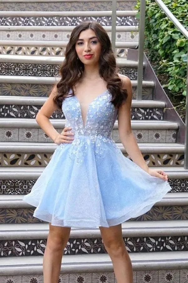 Cute V Neck Light Blue Lace Floral Short Prom Homecoming Dresses PD439