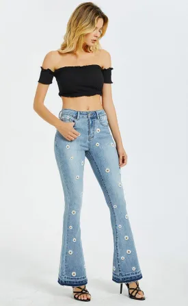 Daisy Embroidered Bell Bottom Stretch denim jeans