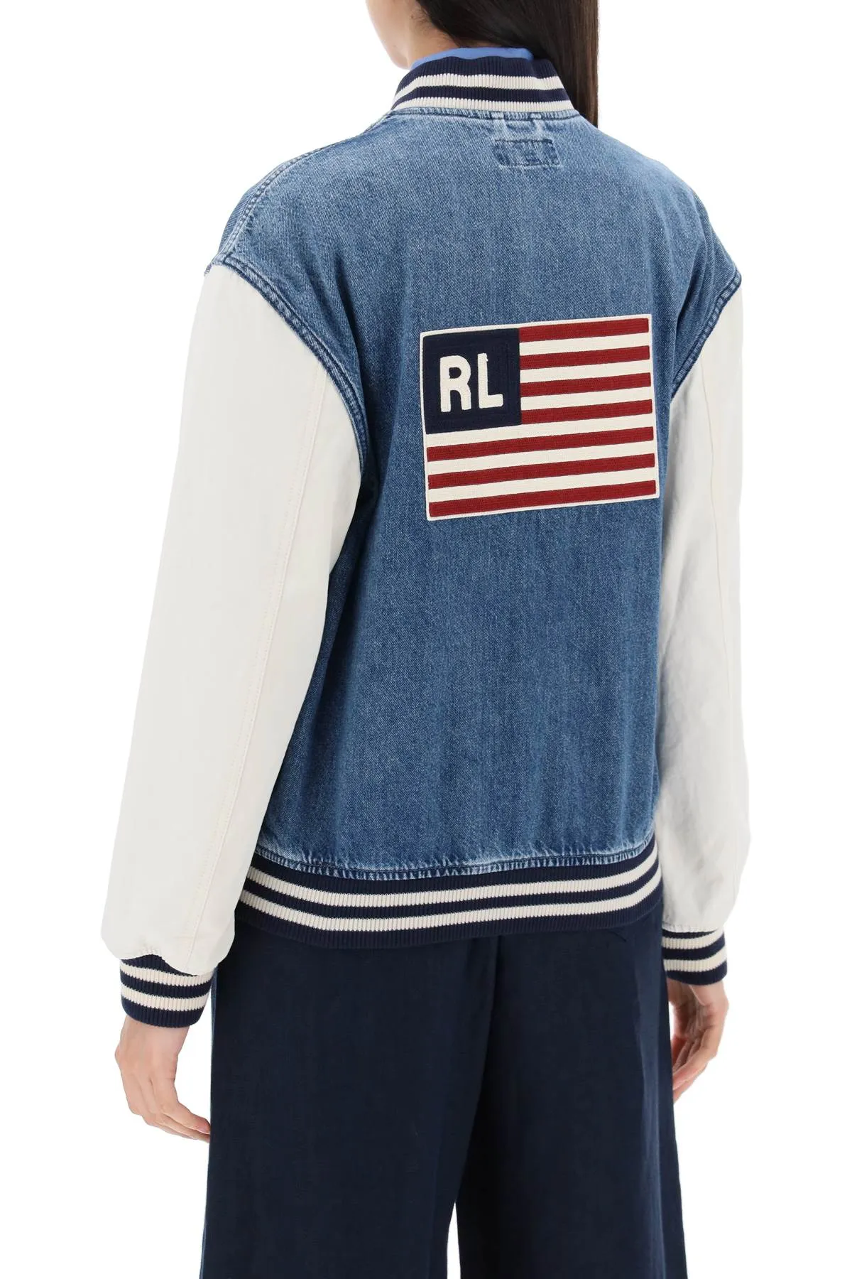 denim bomber jacket with flag and logo design