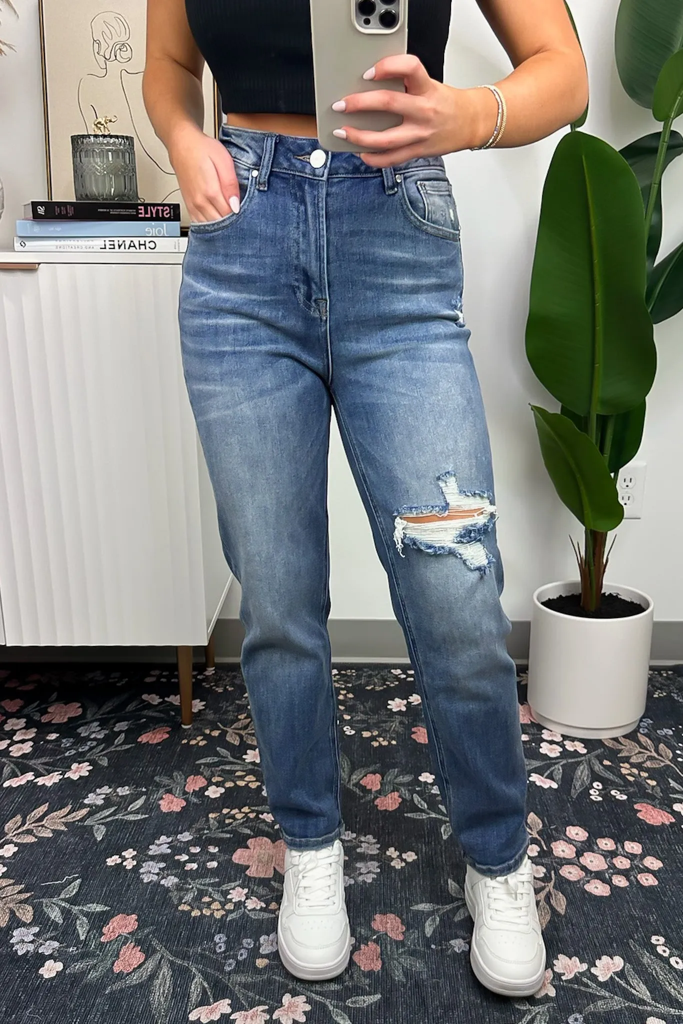 Elantine High Rise Straight Leg Distressed Jeans