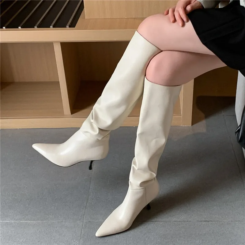 Elegant Pointed Toe Knee-High Leather Boots