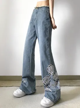 Embroidered Flower Raw Edges Jeans