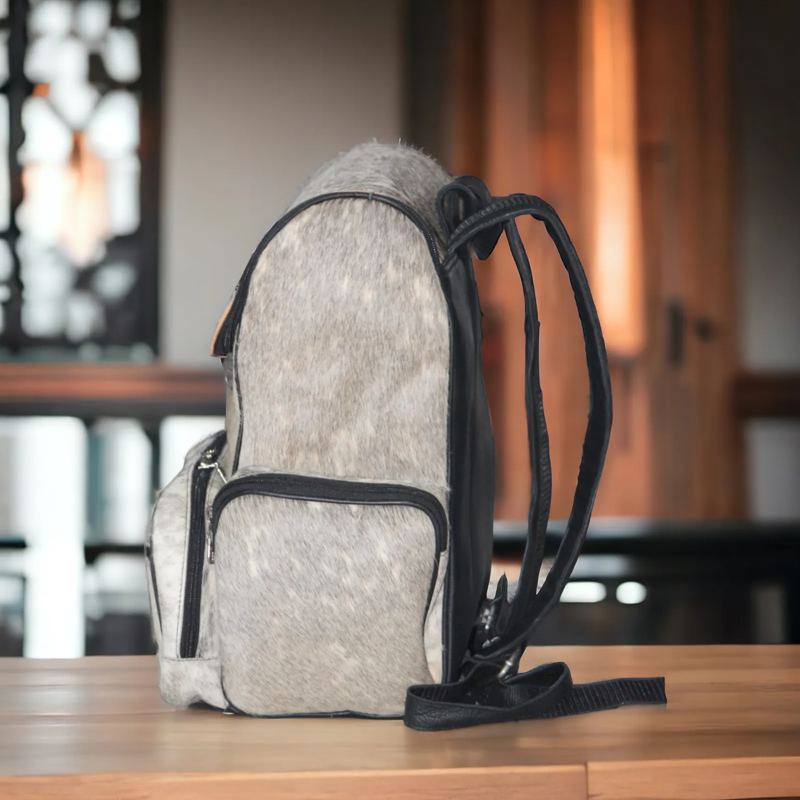 Exotic Cowhide Backpack Grey White