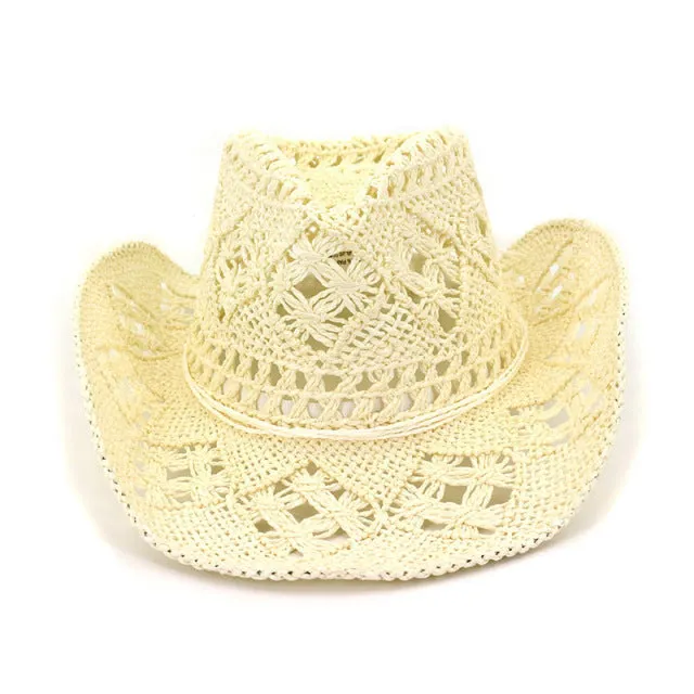 Fashion Hollowed Handmade Cowboy Straw Hat Women Men Summer Outdoor