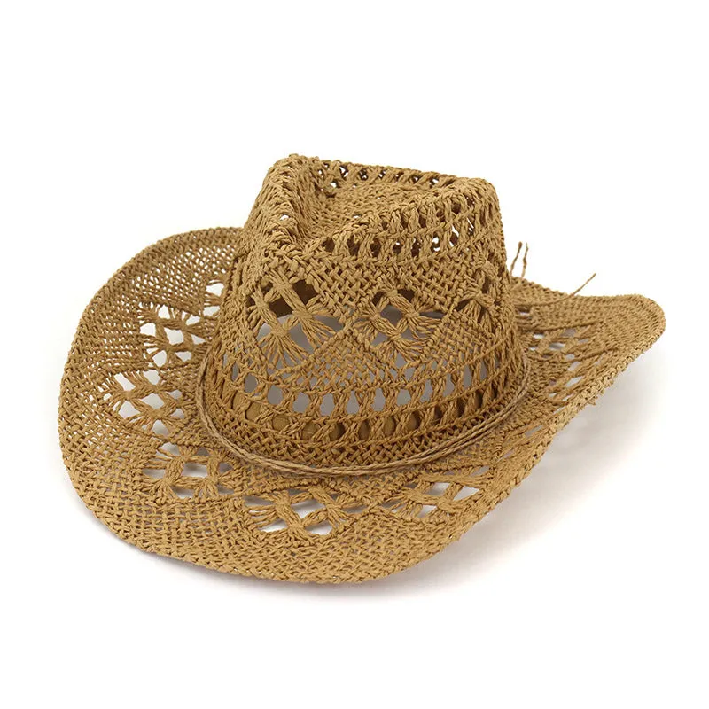 Fashion Hollowed Handmade Cowboy Straw Hat Women Men Summer Outdoor