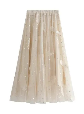 Feather Embroidered Gauze Skirt