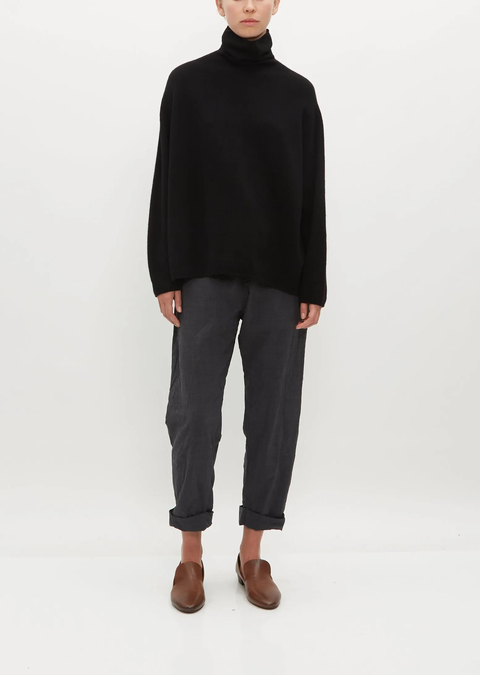 Fine Wool Loose High Neck Pullover — Black