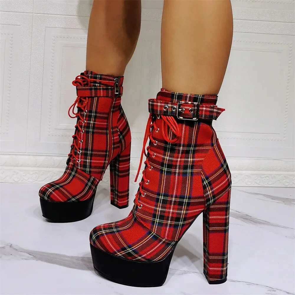 Funki Buys | Boots | Women's High Plaid Platform Ankle Boots