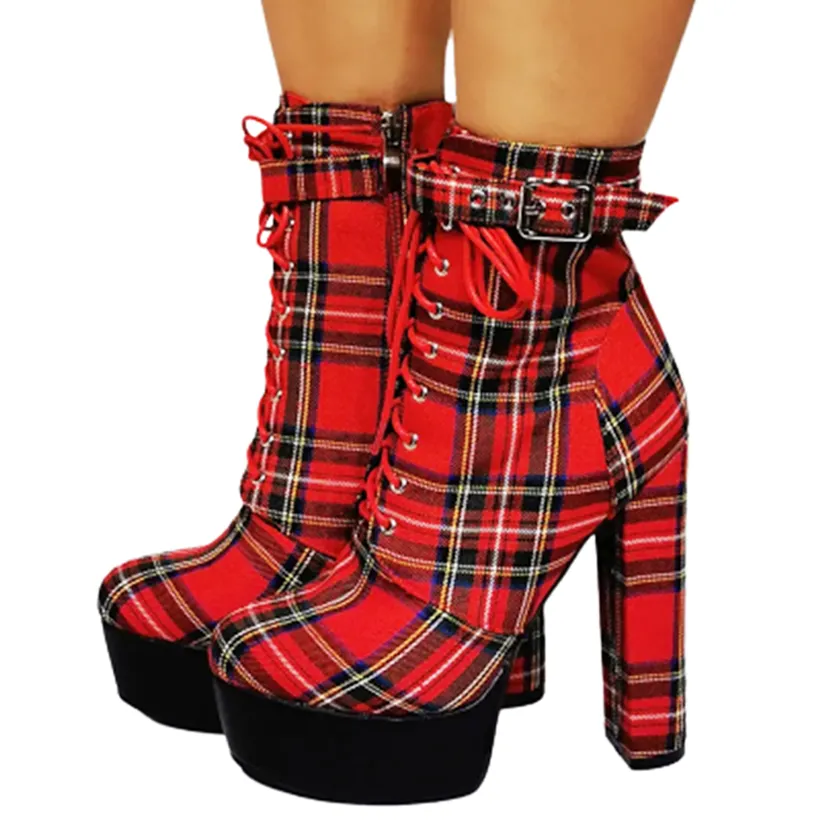 Funki Buys | Boots | Women's High Plaid Platform Ankle Boots