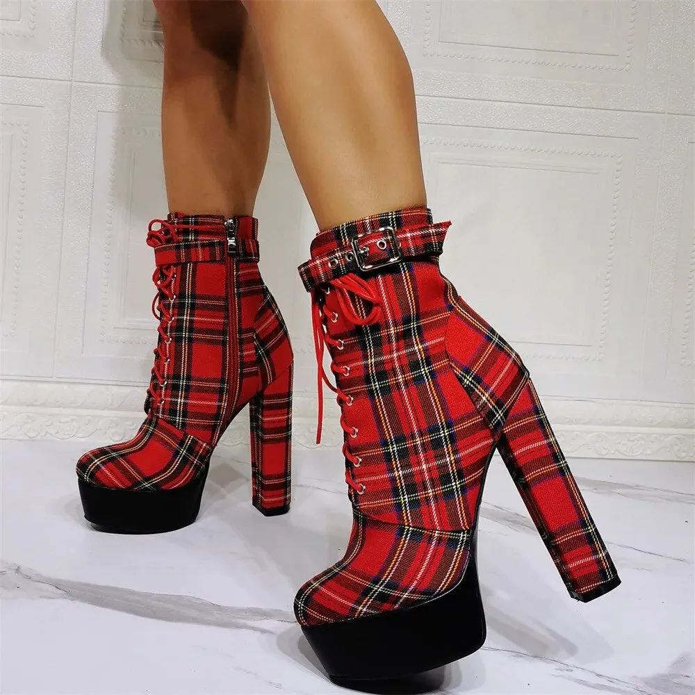 Funki Buys | Boots | Women's High Plaid Platform Ankle Boots