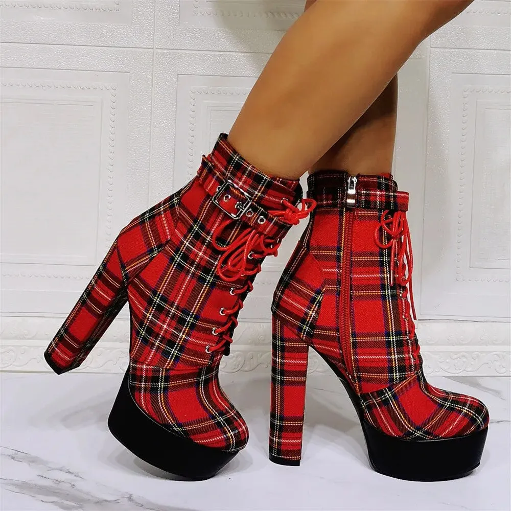 Funki Buys | Boots | Women's High Plaid Platform Ankle Boots