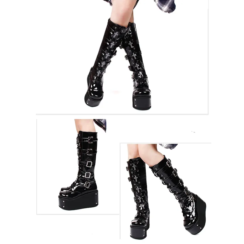 Funki Buys | Boots | Women's Platform Buckle Wedge Stud Boot