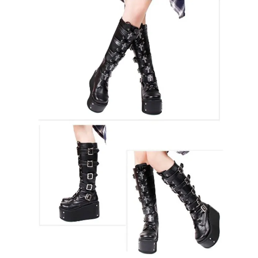 Funki Buys | Boots | Women's Platform Buckle Wedge Stud Boot