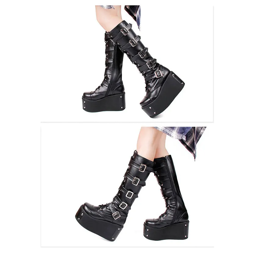 Funki Buys | Boots | Women's Platform Buckle Wedge Stud Boot