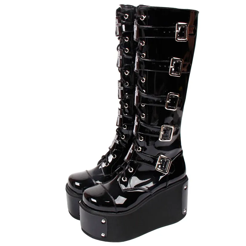 Funki Buys | Boots | Women's Platform Buckle Wedge Stud Boot