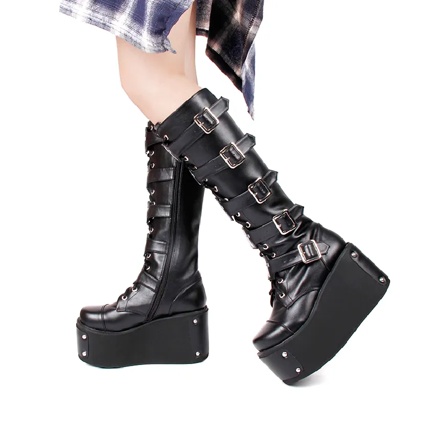 Funki Buys | Boots | Women's Platform Buckle Wedge Stud Boot