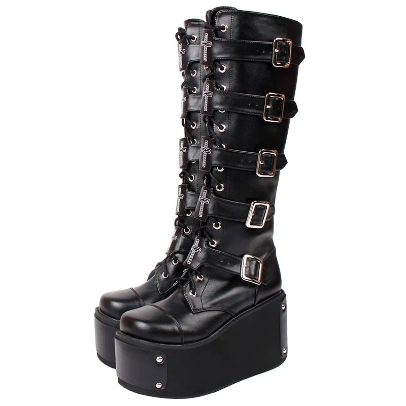 Funki Buys | Boots | Women's Platform Buckle Wedge Stud Boot