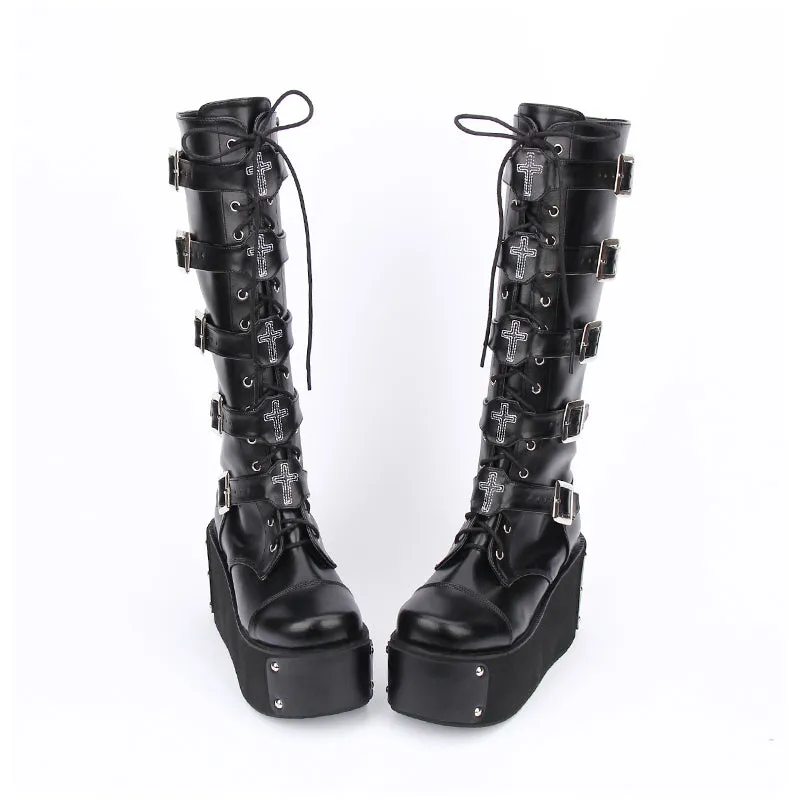 Funki Buys | Boots | Women's Platform Buckle Wedge Stud Boot