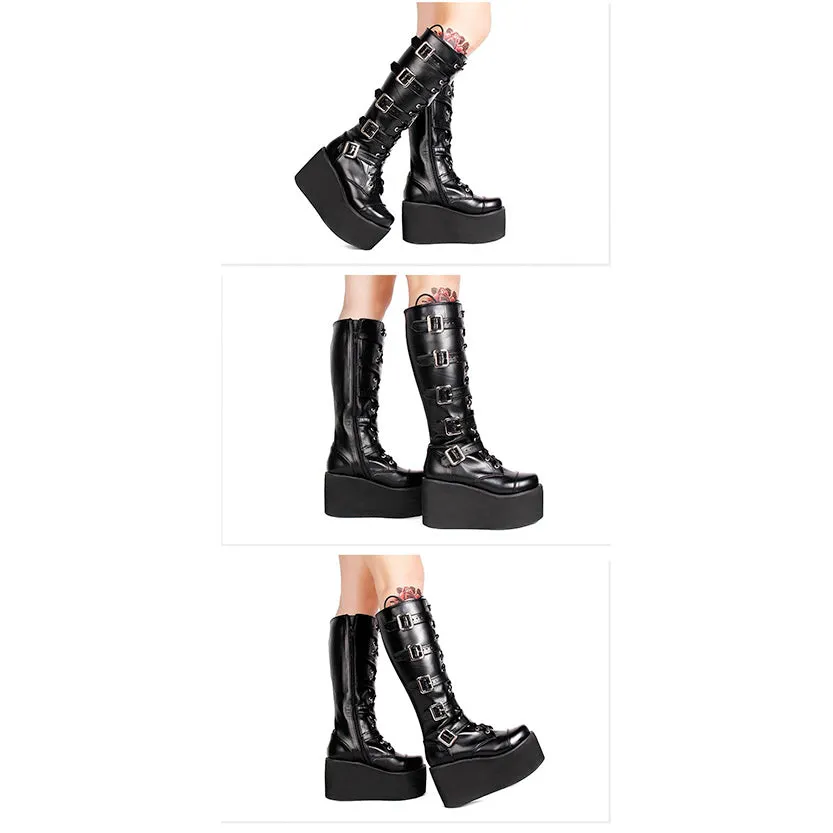 Funki Buys | Boots | Women's Platform Buckle Wedge Stud Boot