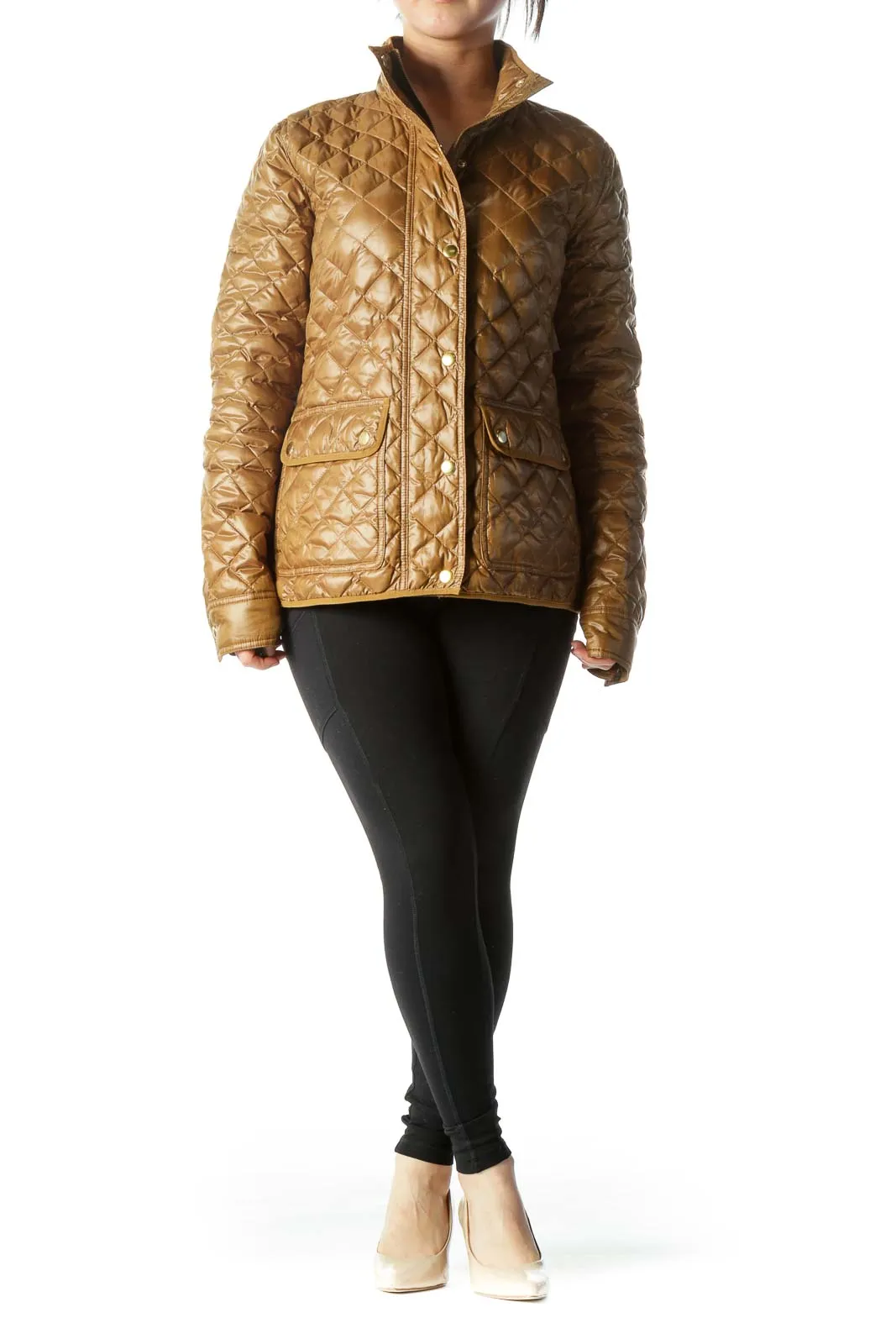 Gold Quilted Long-Sleeve Pocketed Fitted Jacket