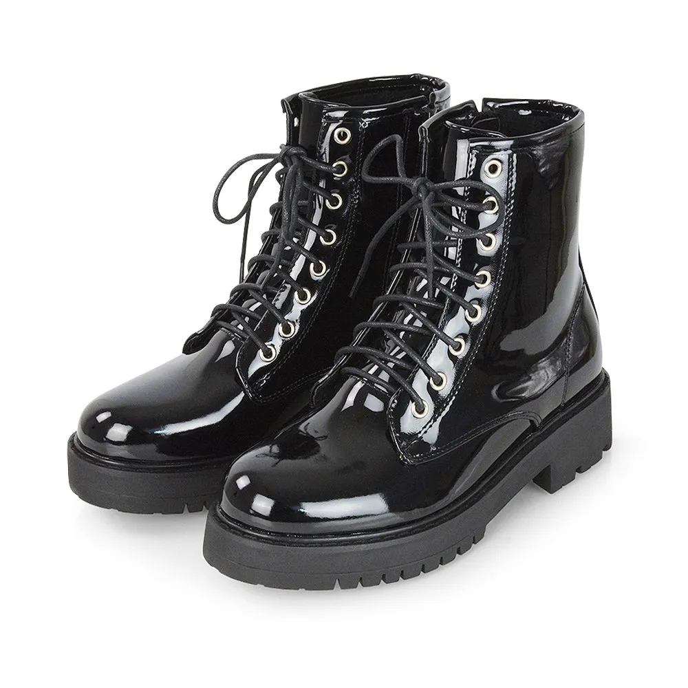 Hermoine Flat Chunky Low Block Heel Ankle Lace up Biker Boots in Black Patent