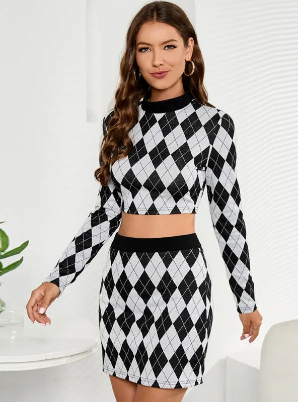 High Rhombus Hip Skirt Long Sleeve Top Suit