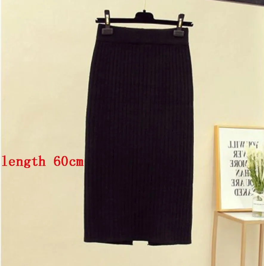 High Waist Women Knitted Skirt Spring Autumn Fashion Rib Skirt Elegant Midi Skirt