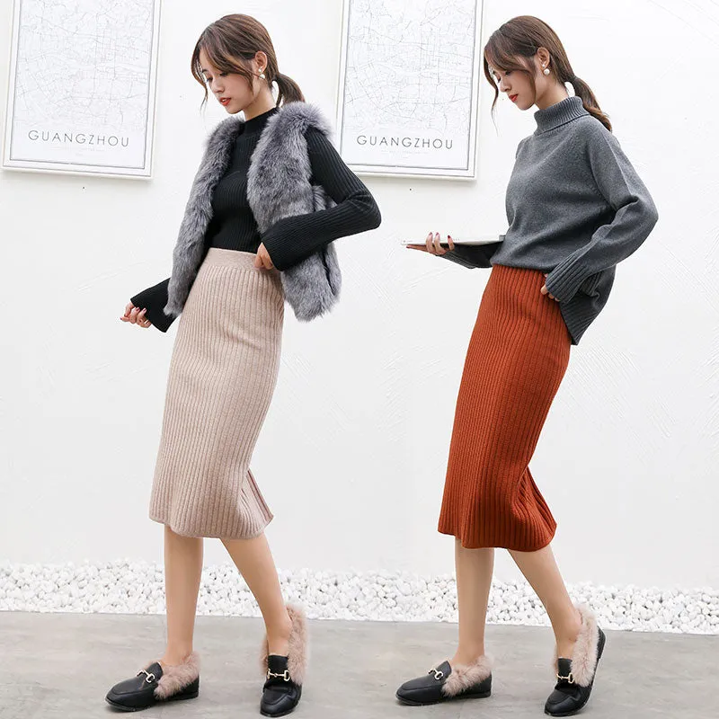 High Waist Women Knitted Skirt Spring Autumn Fashion Rib Skirt Elegant Midi Skirt