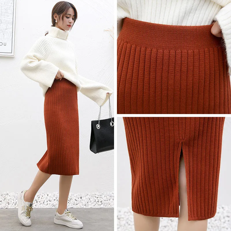 High Waist Women Knitted Skirt Spring Autumn Fashion Rib Skirt Elegant Midi Skirt