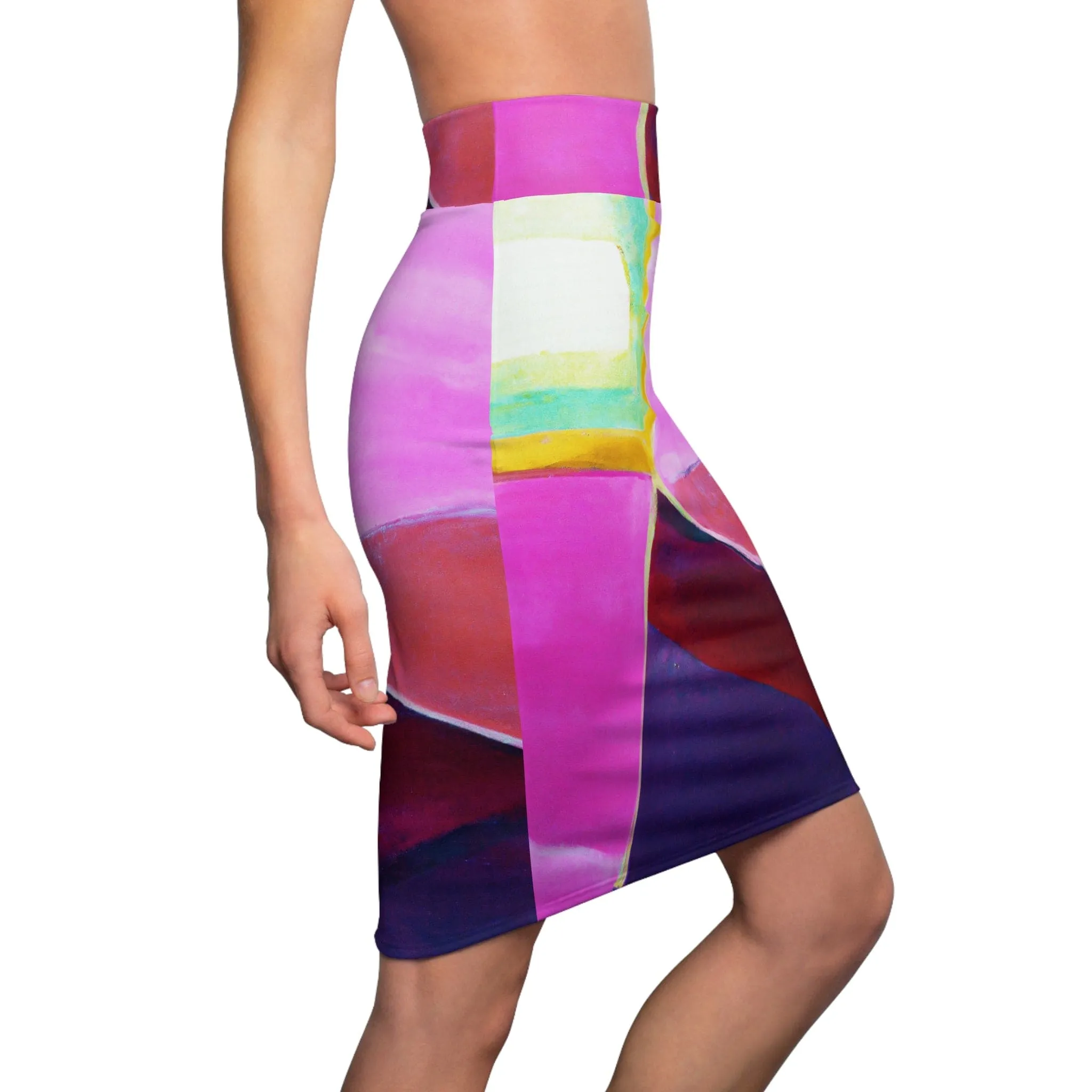 High Waist Womens Pencil Skirt - Contour Stretch - Pink Purple Red Geometric Pattern