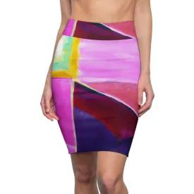 High Waist Womens Pencil Skirt - Contour Stretch - Pink Purple Red Geometric Pattern