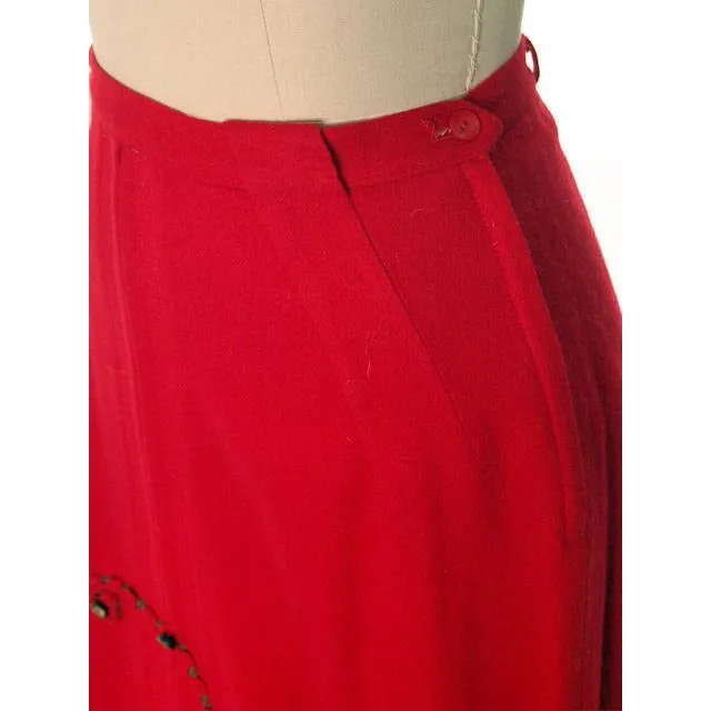 Hot Lipstick Red Vintage Pencil Skirt  Wool w Passementerie Braid On Front 1950s Waist 29"