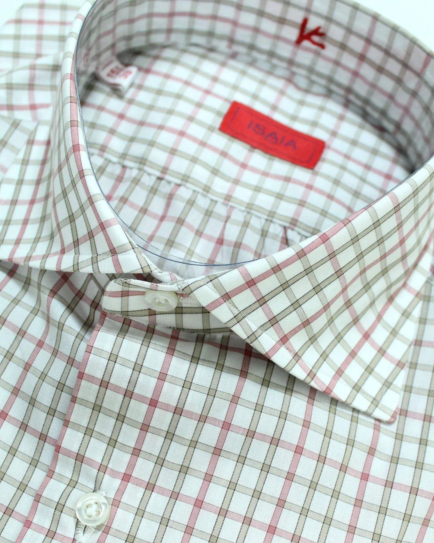 Isaia Dress Shirt White Bordeaux Taupe Check 39 - 15 1/2