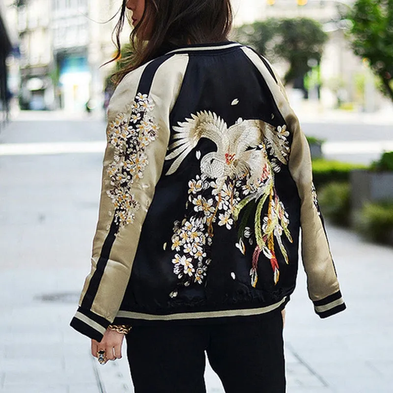 Jinquedai Baseball Bomber Jacket Men Women Satin Phoenix Embroidery Yokosuka Coat Spring Japan Double Sided Streetwear