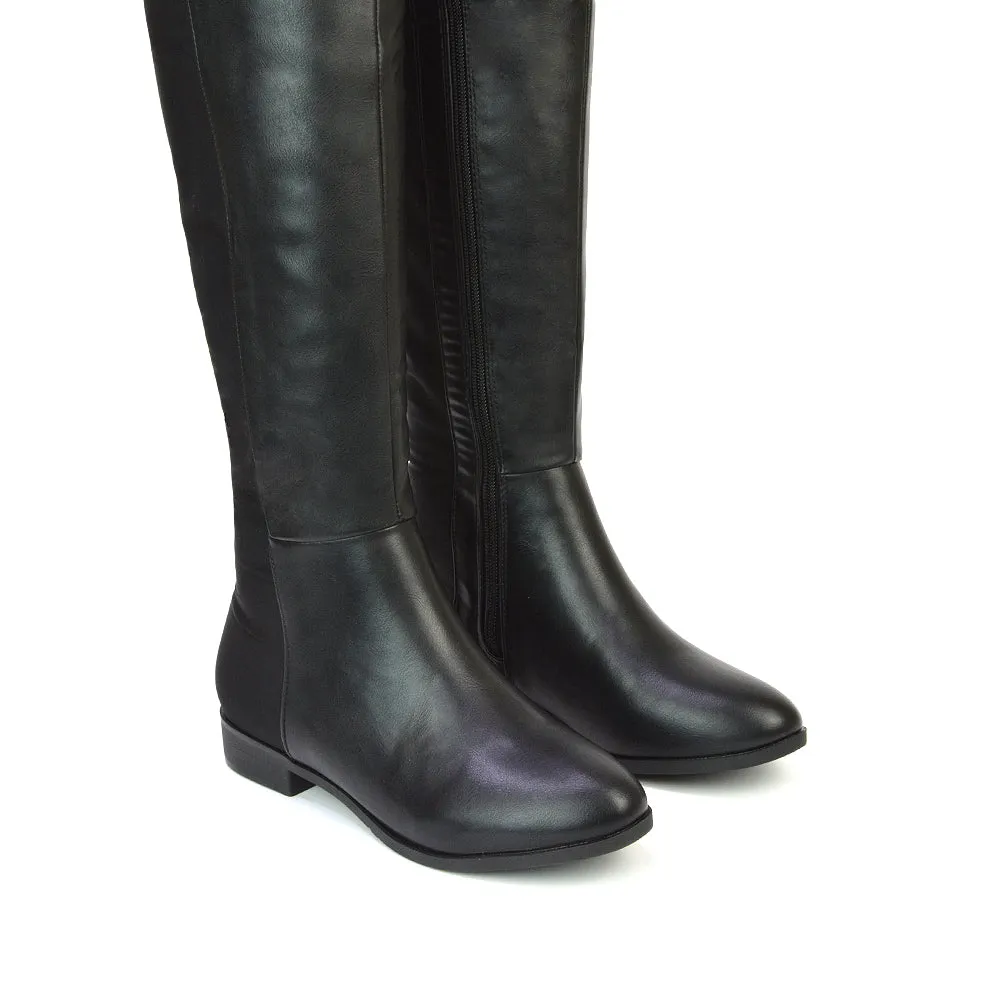 LEGS-ELEVEN FLAT ELASTICATED BACK PANELS OVER THE KNEE BOOTS IN BLACK PU