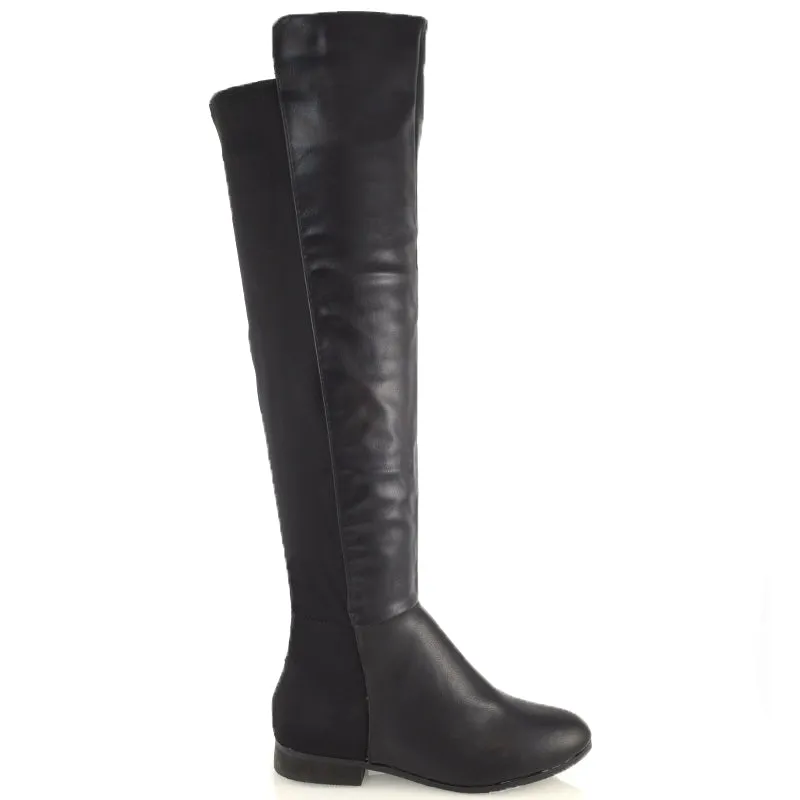 LEGS-ELEVEN FLAT ELASTICATED BACK PANELS OVER THE KNEE BOOTS IN BLACK PU