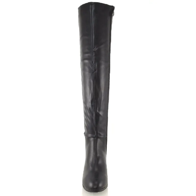 LEGS-ELEVEN FLAT ELASTICATED BACK PANELS OVER THE KNEE BOOTS IN BLACK PU