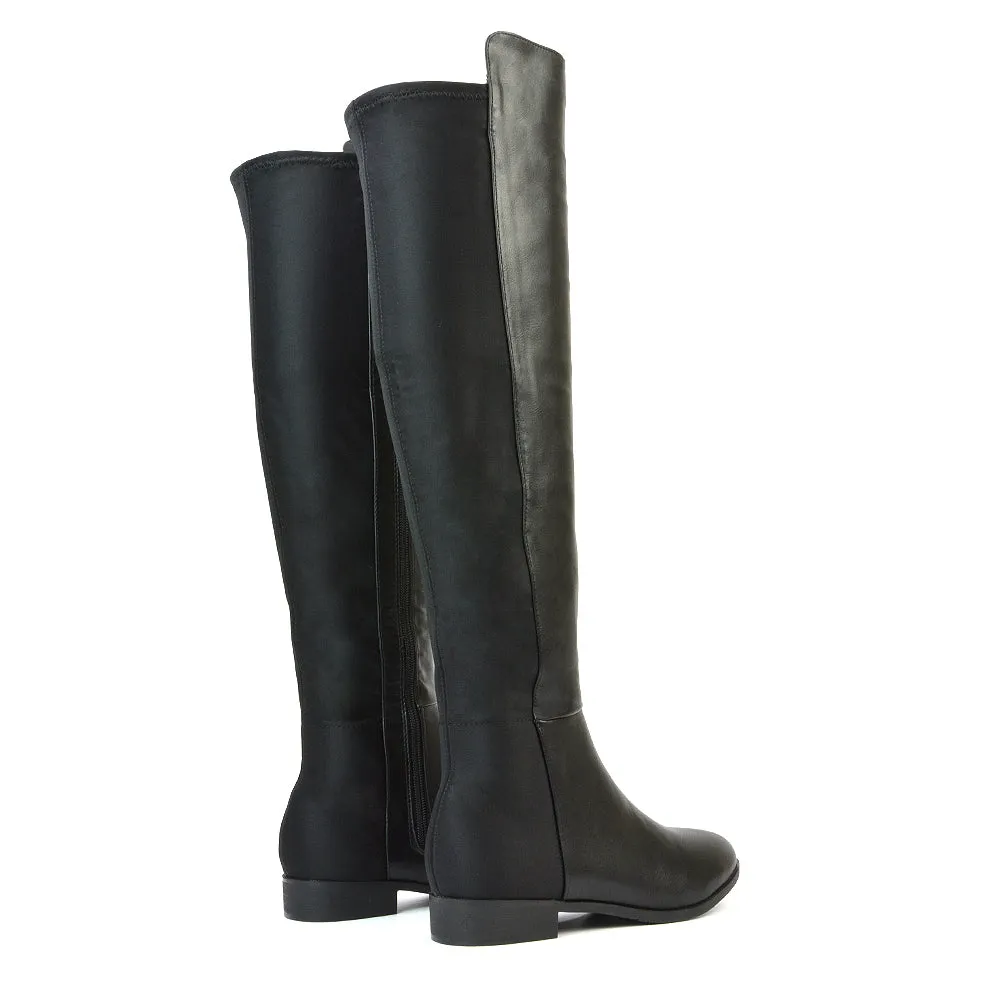 LEGS-ELEVEN FLAT ELASTICATED BACK PANELS OVER THE KNEE BOOTS IN BLACK PU