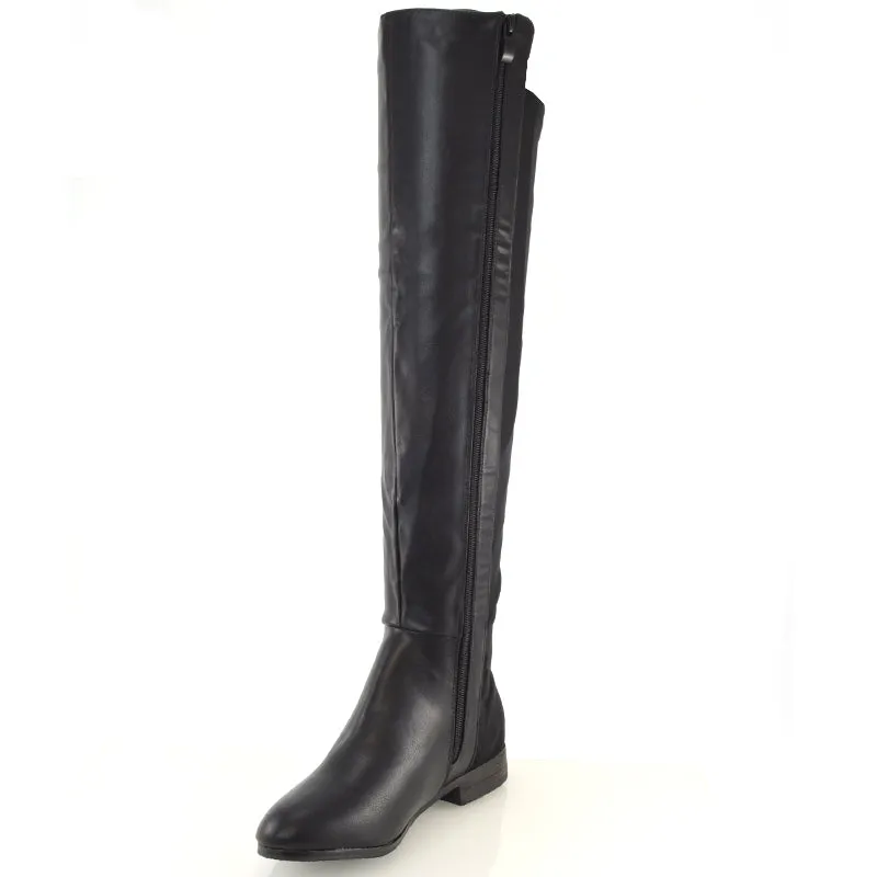 LEGS-ELEVEN FLAT ELASTICATED BACK PANELS OVER THE KNEE BOOTS IN BLACK PU