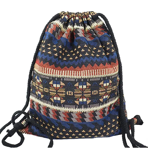 Lilyhood Boho Chic Fabric Drawstring Backpack with Ethnic Designs