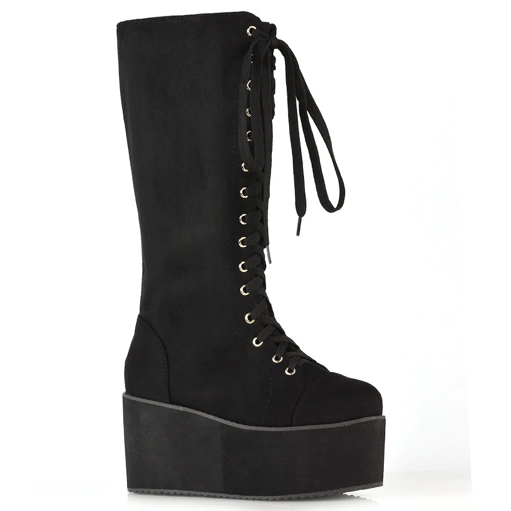 LIZ'S CHUNKY SOLE LACE UP KNEE HIGH BIKER WINTER PLATFORM BOOTS IN BLACK FAUX SUEDE