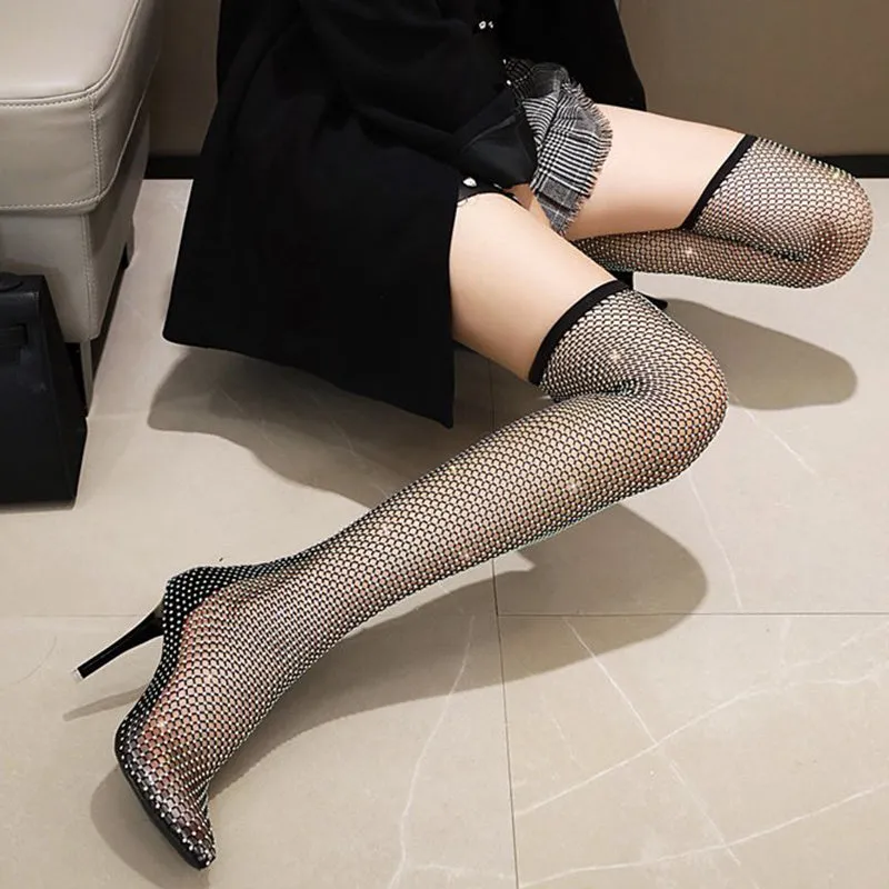 Lucyever Sexy Mesh Crystal Over The Knee Boots Women  Elastic Pointed Toe Thight Boots