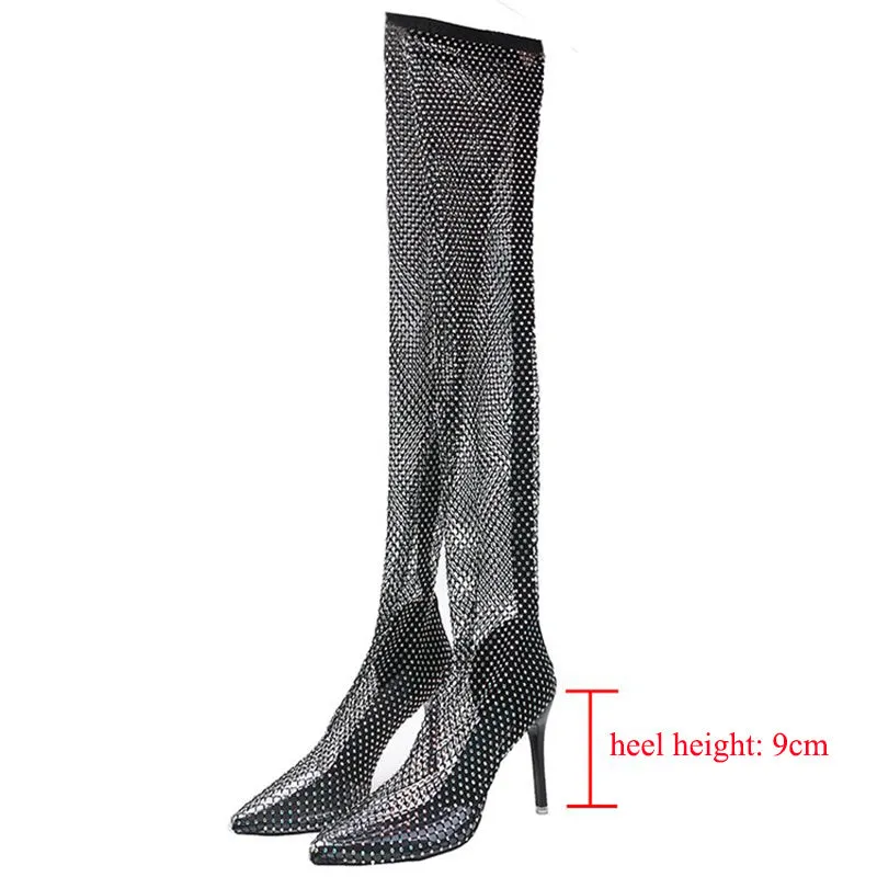 Lucyever Sexy Mesh Crystal Over The Knee Boots Women  Elastic Pointed Toe Thight Boots