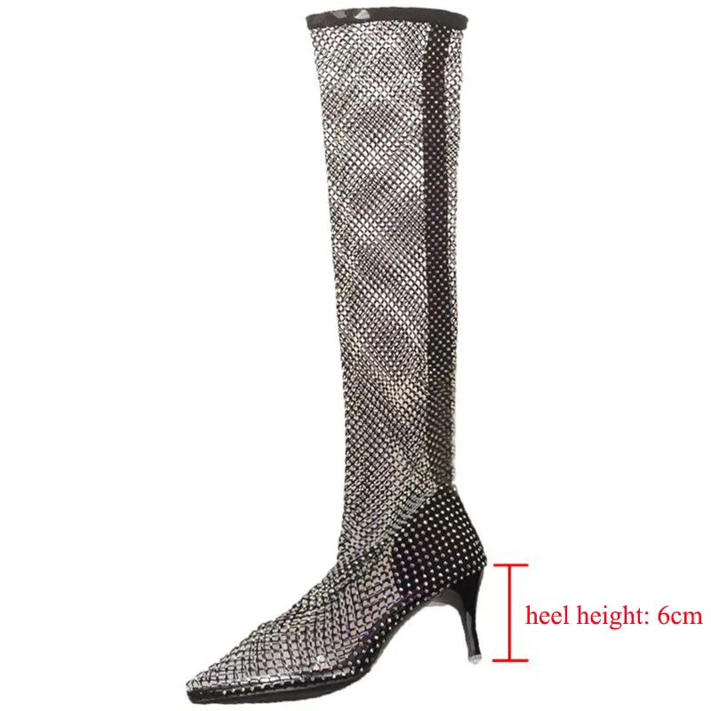 Lucyever Sexy Mesh Crystal Over The Knee Boots Women  Elastic Pointed Toe Thight Boots