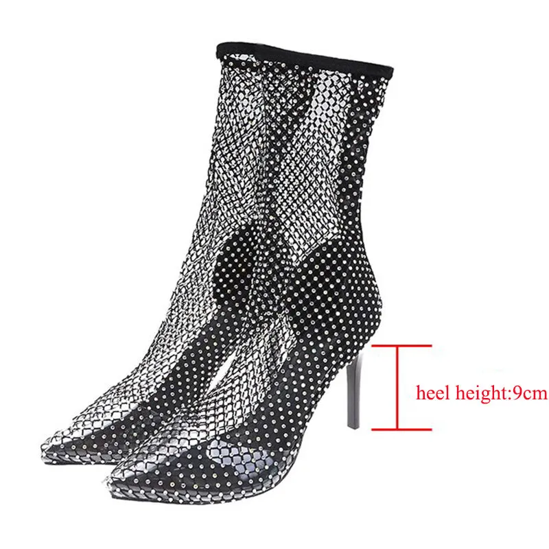 Lucyever Sexy Mesh Crystal Over The Knee Boots Women  Elastic Pointed Toe Thight Boots