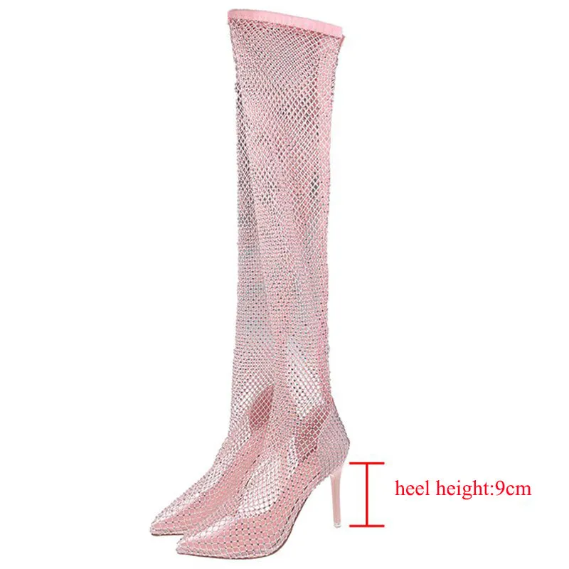 Lucyever Sexy Mesh Crystal Over The Knee Boots Women  Elastic Pointed Toe Thight Boots