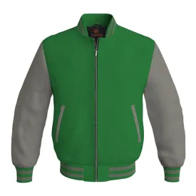 Mens Bomber Jacket Green Body and Gray Leather Sleeves Bomber Jacket